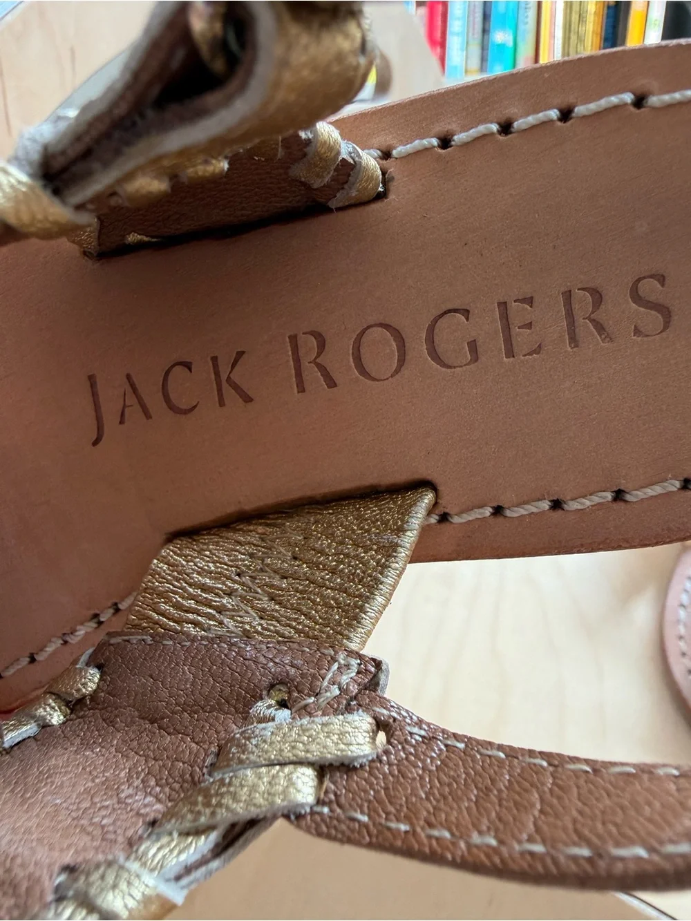 Jack Rogers Gold Leather Floral T-Strap Sandals - Kids
